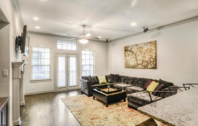 4247 Dickson St, Houston, TX 77007 - living area featuring ornamental molding, a ceiling fan, wood finished floors, recessed lighting, and baseboards
