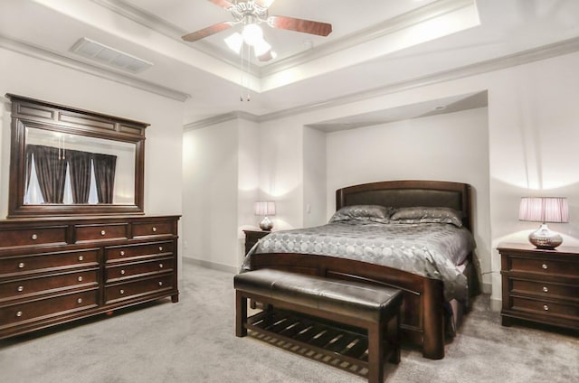 4247 Dickson St, Houston, TX 77007 - bedroom with carpet flooring, crown molding, a raised ceiling, baseboards, and ceiling fan