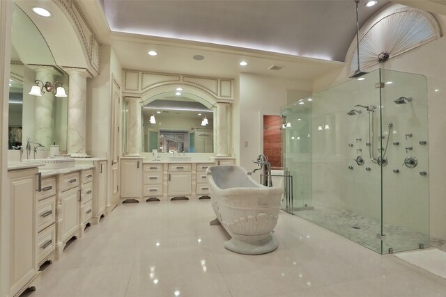 17122 Ashley Woods Ct, Spring, TX 77379 - bathroom with a stall shower, a freestanding bath, vanity, recessed lighting, and tile patterned flooring