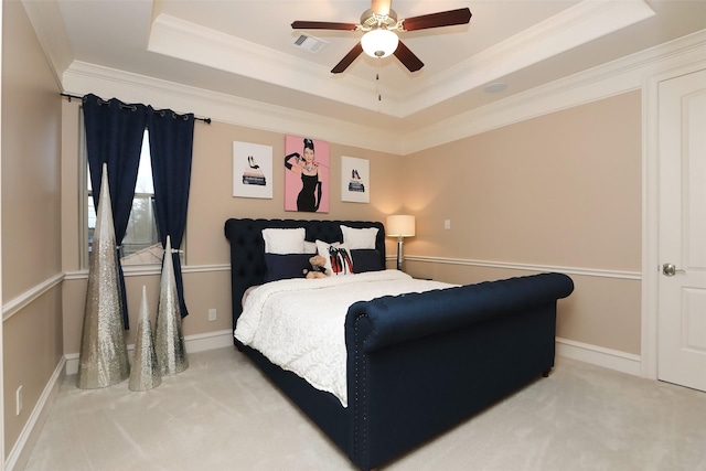 17122 Ashley Woods Ct, Spring, TX 77379 - bedroom featuring a tray ceiling, carpet flooring, ornamental molding, ceiling fan, and baseboards