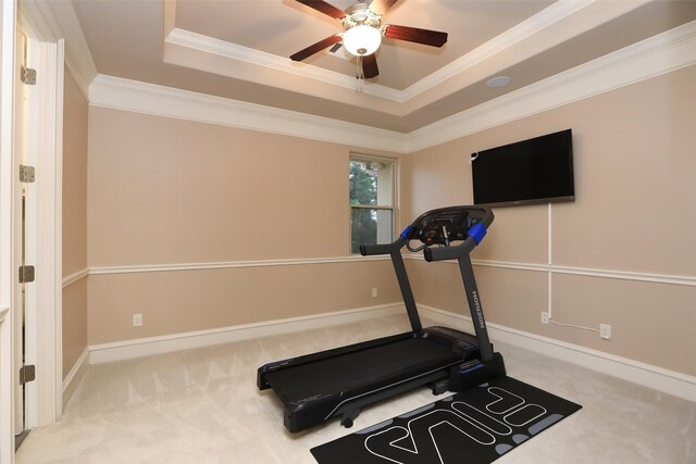 17122 Ashley Woods Ct, Spring, TX 77379 - workout room featuring carpet flooring, a raised ceiling, ornamental molding, ceiling fan, and baseboards