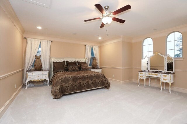 17122 Ashley Woods Ct, Spring, TX 77379 - bedroom featuring crown molding, carpet, baseboards, recessed lighting, and ceiling fan