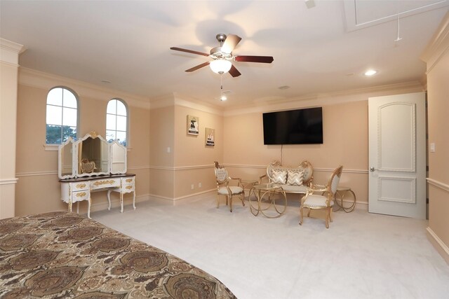 17122 Ashley Woods Ct, Spring, TX 77379 - living area with ceiling fan, attic access, carpet, ornamental molding, and recessed lighting