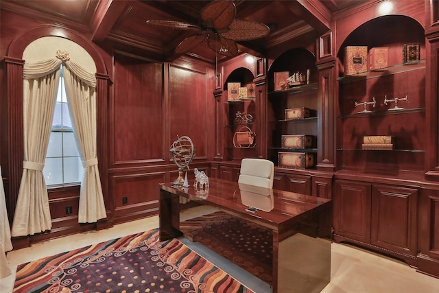 17122 Ashley Woods Ct, Spring, TX 77379 - office area with a ceiling fan, coffered ceiling, crown molding, built in features, and beam ceiling