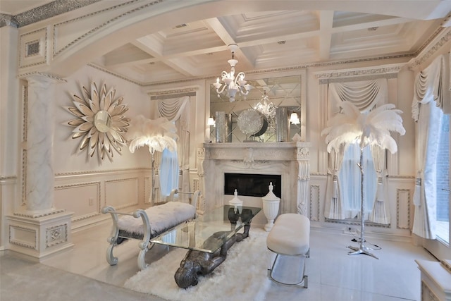 17122 Ashley Woods Ct, Spring, TX 77379 - living room with a decorative wall, coffered ceiling, arched walkways, beam ceiling, and a chandelier