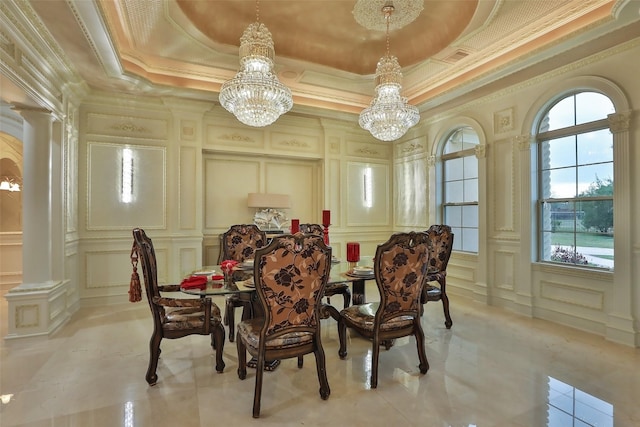 17122 Ashley Woods Ct, Spring, TX 77379 - dining space with a decorative wall, a raised ceiling, a chandelier, crown molding, and light tile patterned floors