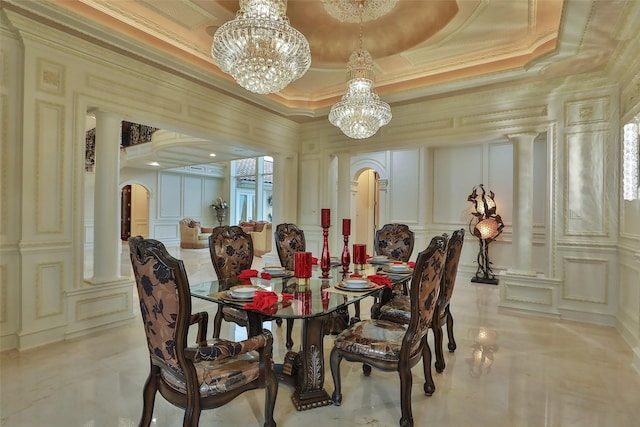 17122 Ashley Woods Ct, Spring, TX 77379 - dining room with a decorative wall, a chandelier, arched walkways, and crown molding