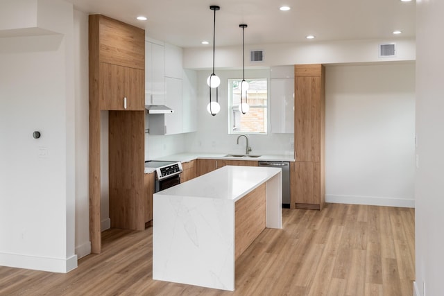 2312 Barbee St, Houston, TX 77004 - kitchen with modern cabinets, dishwasher, a sink, light countertops, and light wood-style flooring