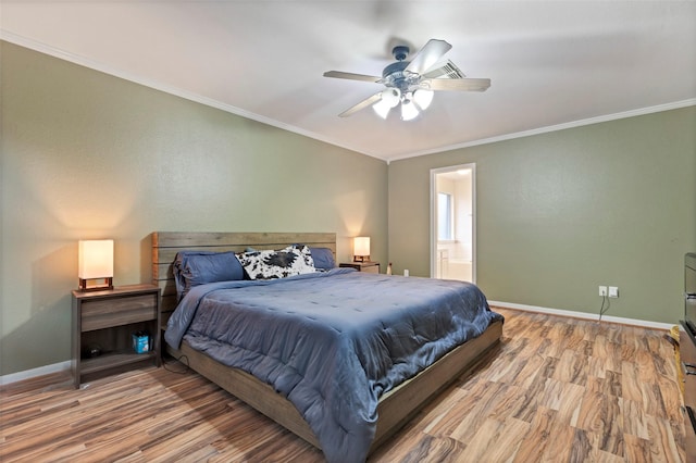 25430 Twister Trl, Spring, TX 77373 - bedroom with light wood-style flooring, baseboards, crown molding, connected bathroom, and a ceiling fan