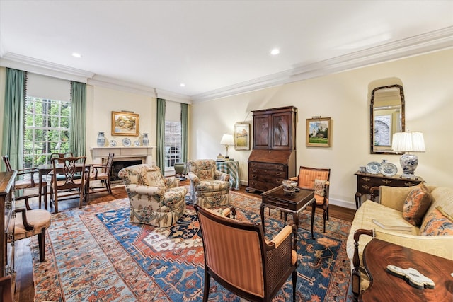 7 Pine Briar Cir, Houston, TX 77056 - living room with ornamental molding, wood finished floors, a fireplace, recessed lighting, and baseboards