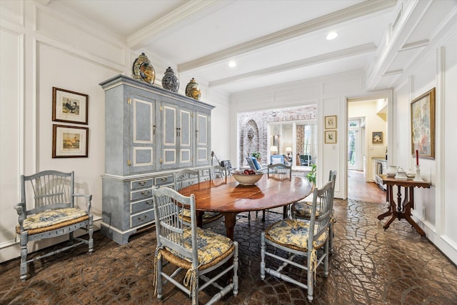 7 Pine Briar Cir, Houston, TX 77056 - dining room featuring beam ceiling, crown molding, recessed lighting, baseboards, and a decorative wall