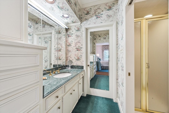7 Pine Briar Cir, Houston, TX 77056 - full bathroom with wallpapered walls, vanity, a shower stall, and connected bathroom