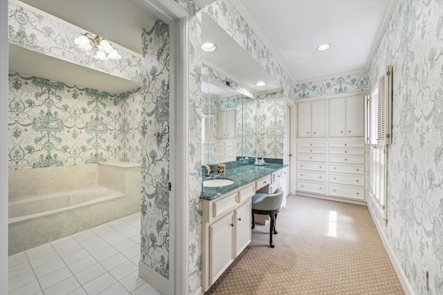 7 Pine Briar Cir, Houston, TX 77056 - full bath with vanity, a garden tub, wallpapered walls, ornamental molding, and recessed lighting