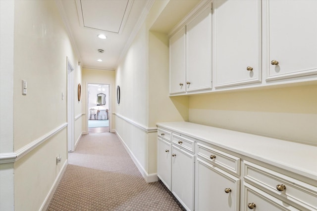 7 Pine Briar Cir, Houston, TX 77056 - corridor featuring crown molding, light carpet, baseboards, and recessed lighting
