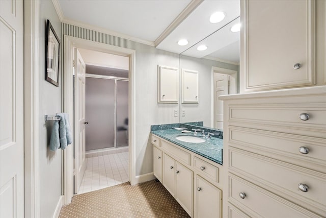 7 Pine Briar Cir, Houston, TX 77056 - full bath with ornamental molding, vanity, a shower stall, baseboards, and tile patterned flooring