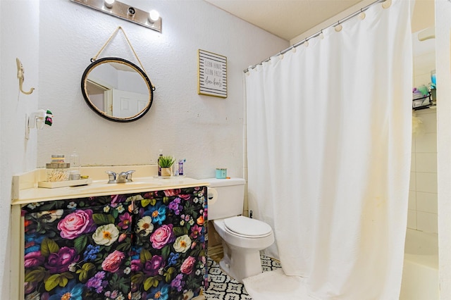 14639 Cypress Cottage Ct, Cypress, TX 77429 - full bath with toilet, vanity, tile patterned flooring, shower / tub combo with curtain, and a textured wall
