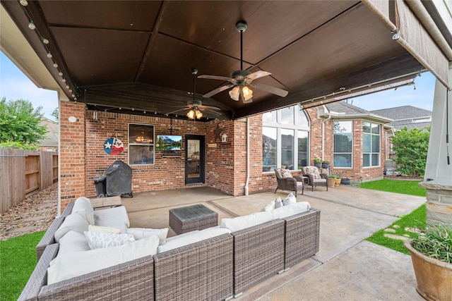 12415 Bunker Cove Dr, Cypress, TX 77433 - view of patio featuring an outdoor living space, a grill, and a ceiling fan