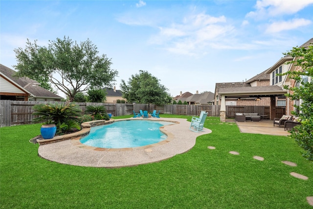 12415 Bunker Cove Dr, Cypress, TX 77433 - view of swimming pool featuring a patio, a ceiling fan, and an outdoor living space