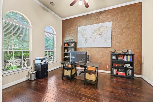 12415 Bunker Cove Dr, Cypress, TX 77433 - office with ceiling fan, wood finished floors, crown molding, and baseboards