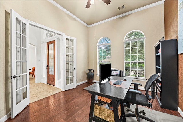 12415 Bunker Cove Dr, Cypress, TX 77433 - office area featuring french doors, ornamental molding, wood finished floors, ceiling fan, and baseboards