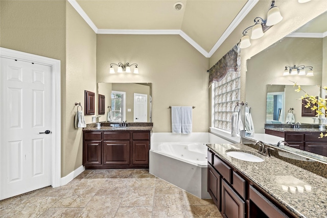 12415 Bunker Cove Dr, Cypress, TX 77433 - full bathroom featuring crown molding, a whirlpool tub, two vanities, lofted ceiling, and baseboards