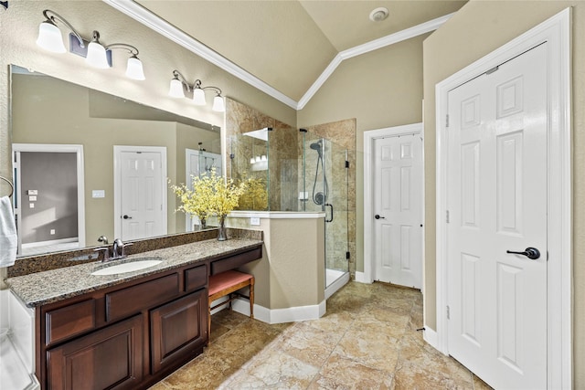 12415 Bunker Cove Dr, Cypress, TX 77433 - bathroom with crown molding, vaulted ceiling, vanity, a stall shower, and baseboards