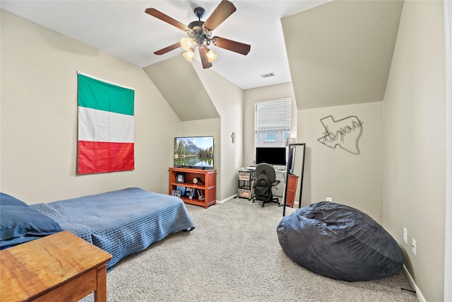12415 Bunker Cove Dr, Cypress, TX 77433 - carpeted bedroom featuring baseboards, vaulted ceiling, an office area, and ceiling fan