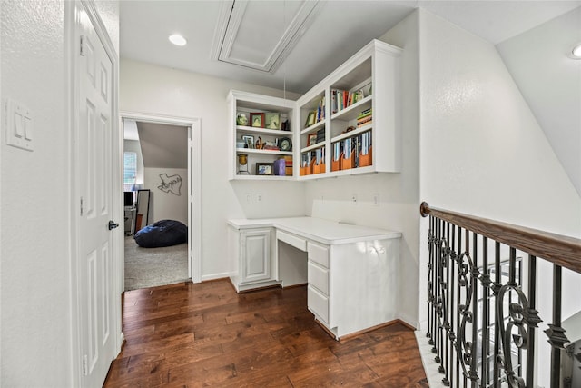 12415 Bunker Cove Dr, Cypress, TX 77433 - office area with built in study area, attic access, dark wood-type flooring, recessed lighting, and baseboards