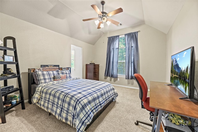 12415 Bunker Cove Dr, Cypress, TX 77433 - bedroom with lofted ceiling, carpet floors, an office area, baseboards, and ceiling fan