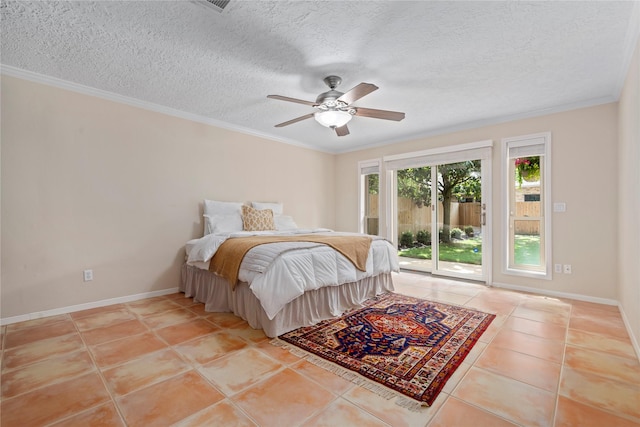 20611 Shillington Ct, Katy, TX 77450 - bedroom with access to exterior, light tile patterned floors, ornamental molding, a textured ceiling, and baseboards