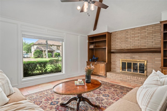 20611 Shillington Ct, Katy, TX 77450 - living room with light tile patterned floors, a decorative wall, a ceiling fan, and a brick fireplace