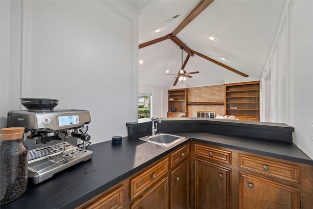20611 Shillington Ct, Katy, TX 77450 - kitchen with a sink, dark countertops, a ceiling fan, open floor plan, and recessed lighting