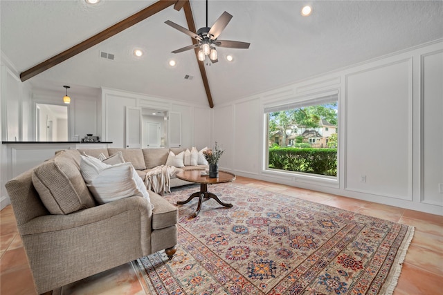 20611 Shillington Ct, Katy, TX 77450 - living room with a decorative wall, a ceiling fan, beamed ceiling, recessed lighting, and high vaulted ceiling