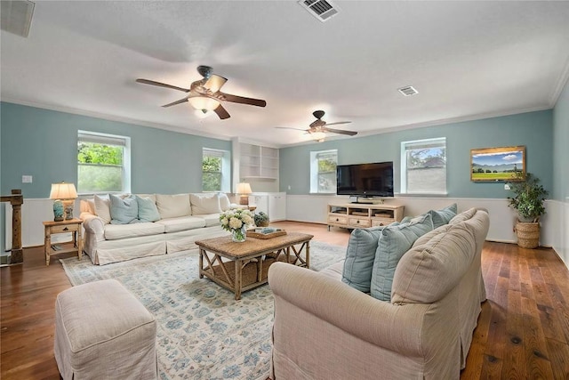20611 Shillington Ct, Katy, TX 77450 - living area with ceiling fan, wood finished floors, and ornamental molding