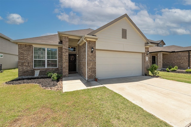 5766 Cerrillos Dr, Bryan, TX 77807 - ranch-style house featuring a garage, brick siding, a front yard, and driveway