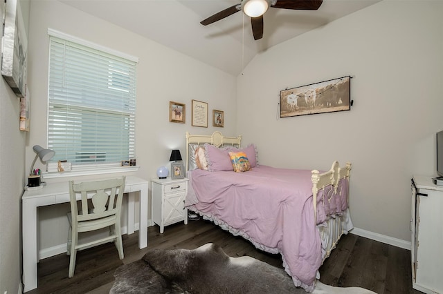 5766 Cerrillos Dr, Bryan, TX 77807 - bedroom with dark wood-style floors, lofted ceiling, a desk, baseboards, and a ceiling fan