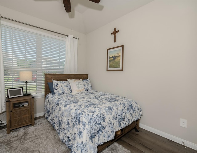 5766 Cerrillos Dr, Bryan, TX 77807 - bedroom featuring baseboards, wood finished floors, ceiling fan, and lofted ceiling