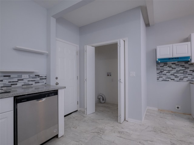 2703 Areba St, Houston, TX 77091 - kitchen featuring stainless steel dishwasher, decorative backsplash, open shelves, and light marble finish flooring