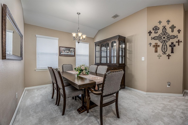 8406 Quiet Bay Dr, Baytown, TX 77523 - dining room featuring light carpet, a chandelier, baseboards, and lofted ceiling
