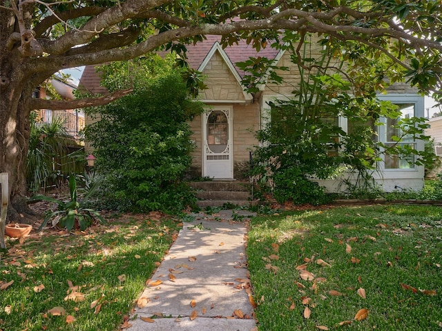 4311 Pease St, Houston, TX 77023 - view of property hidden behind natural elements with stone siding, entry steps, and a front yard
