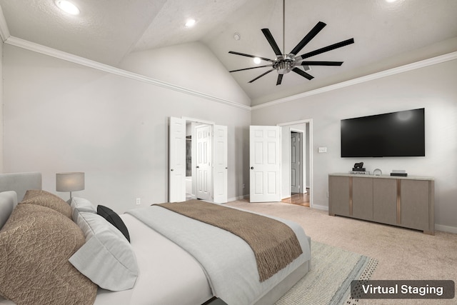 1333 W 21st St Unit B, Houston, TX 77008 - bedroom featuring light colored carpet, baseboards, crown molding, high vaulted ceiling, and recessed lighting