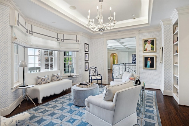 24 Farnham Park Dr, Houston, TX 77024 - living room with wallpapered walls, wood-type flooring, a chandelier, arched walkways, and baseboards