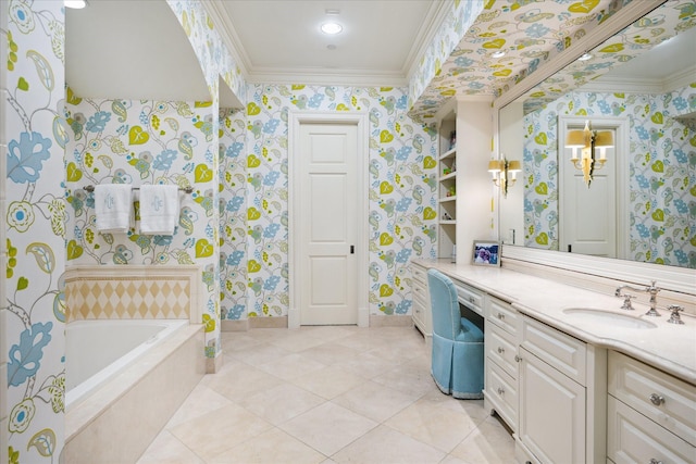 24 Farnham Park Dr, Houston, TX 77024 - full bathroom featuring wallpapered walls, crown molding, vanity, tiled bath, and tile patterned floors