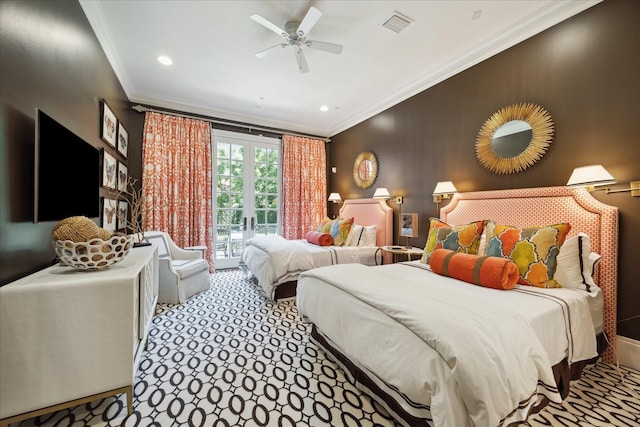 24 Farnham Park Dr, Houston, TX 77024 - bedroom with ornamental molding, carpet flooring, french doors, recessed lighting, and a ceiling fan