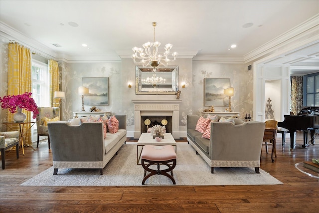 24 Farnham Park Dr, Houston, TX 77024 - living room featuring wood finished floors, a chandelier, crown molding, and a fireplace