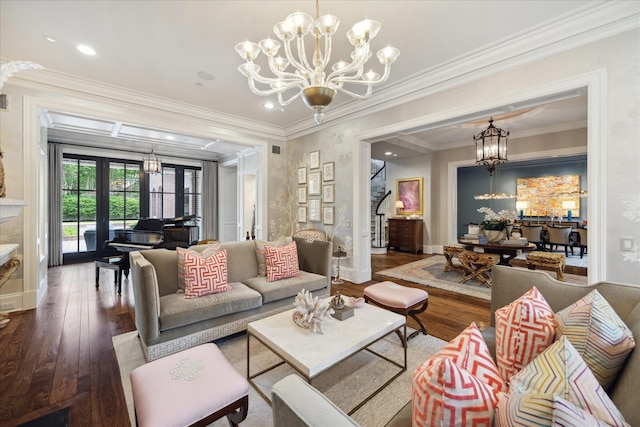 24 Farnham Park Dr, Houston, TX 77024 - living area featuring a chandelier, wood-type flooring, crown molding, and recessed lighting