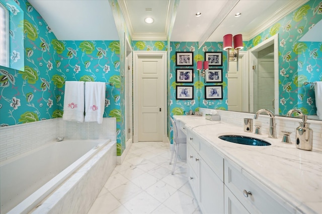 24 Farnham Park Dr, Houston, TX 77024 - full bath with wallpapered walls, vanity, a garden tub, ornamental molding, and a shower stall