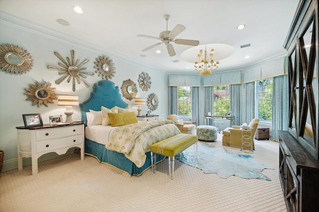 24 Farnham Park Dr, Houston, TX 77024 - bedroom featuring crown molding, multiple windows, carpet floors, a chandelier, and recessed lighting