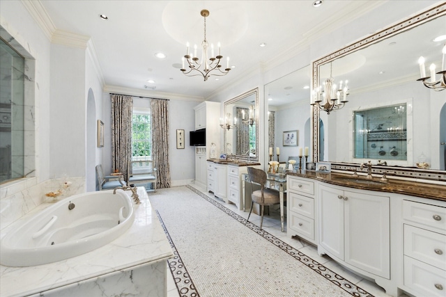 24 Farnham Park Dr, Houston, TX 77024 - bathroom with a chandelier, inlaid floor details, two vanities, crown molding, and a whirlpool tub
