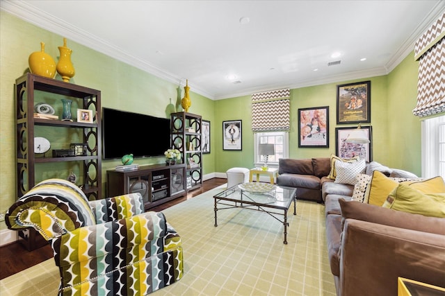 24 Farnham Park Dr, Houston, TX 77024 - living area with wood finished floors, ornamental molding, recessed lighting, and baseboards